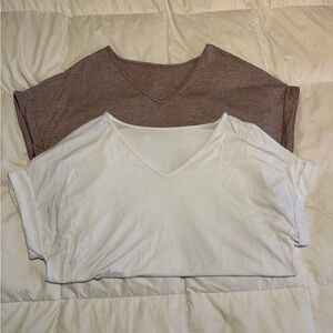 V-Neck Women's Tops - Brown and Cream